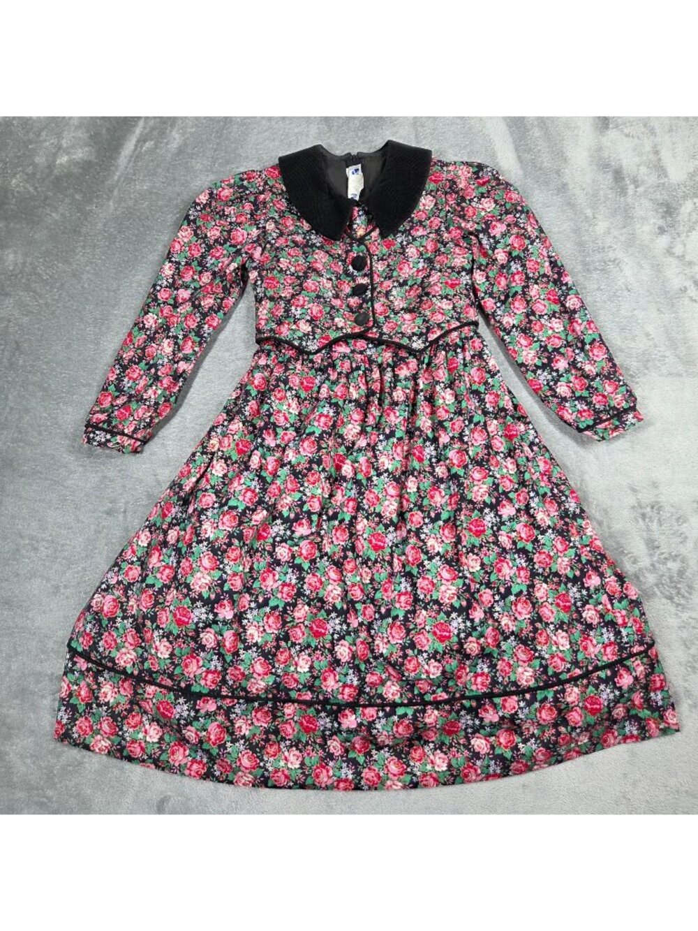 Vintage Sylvia Whyte Dress Girls 7 Pink Black Floral Prairie Cottagecore